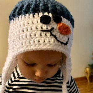 Navy Blue Snowman Hand Knit Hat / Unisex Child / Earflaps, Ties, Pom Pom's -SALE